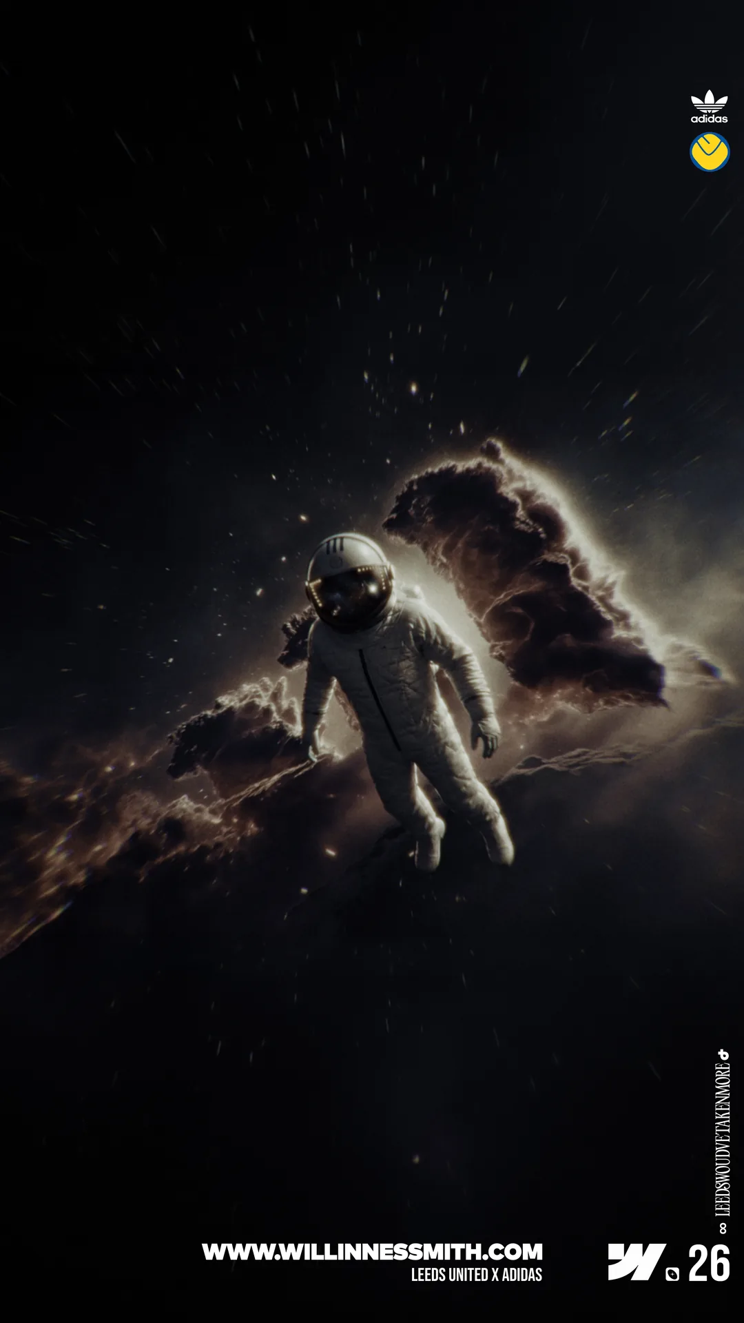 Leeds United x adidas · an astronaut drifting through a nebula